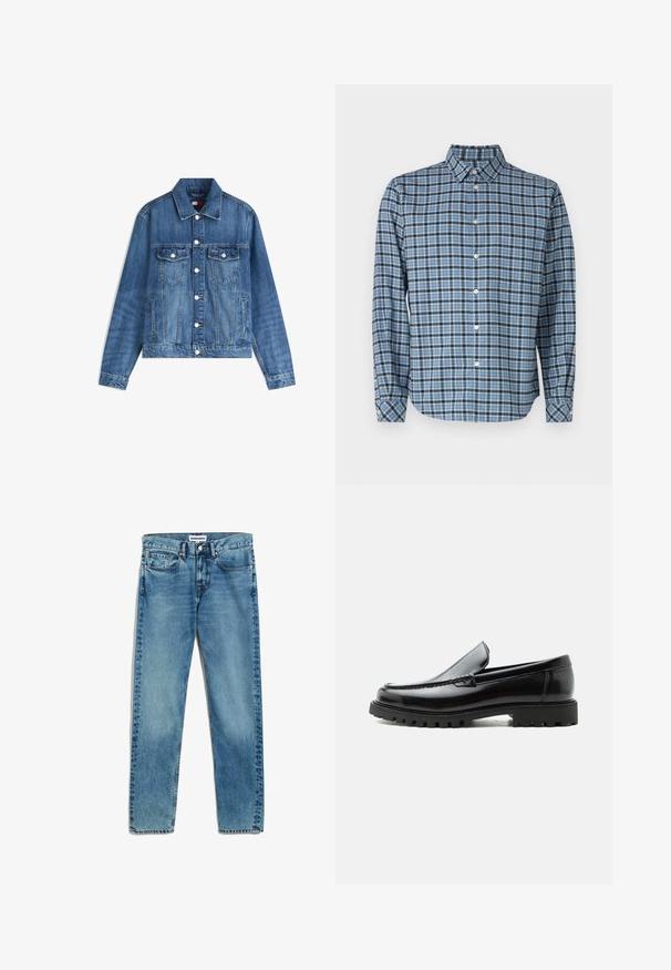 Blaue Jeansjacke mit Knopfleiste vorne, zwei Brustklappentaschen, Seitentaschen und einem klassischen Kragen, flach auf weißem Hintergrund gelegt.; Hemd aus gewobenem Baumwollstoff, blau-schwarz kariert, mit langen Ärmeln, Kragen, weißen Knöpfen und verstellbaren Manschetten.; Helle blaue Denim-Jeans mit geradem Schnitt, fünf Taschen, Reißverschluss und dezentem Ausbleichen des Stoffes. Metallknopfverschluss.; Schwarzer Lederloafer mit grober Gummisohle, genähter Oberseite und geprägtem Markennamen an der Ferse, seitlich auf weißem Hintergrund gezeigt.