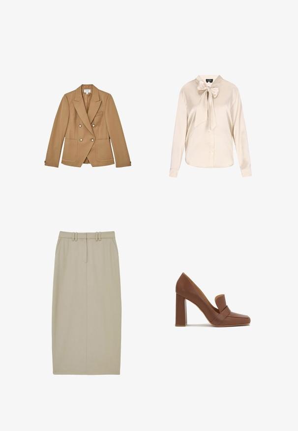 Blazer croisé couleur sable avec des revers structurés, deux poches frontales et des boutons dorés, fabriqué dans un tissu texturé.; Blouse en satin beige à manches longues, avec un col et un grand nœud papillon au niveau du cou. Fermetures à boutons sur le devant.; Jupe crayon beige en tissu lisse, dotée de deux poches avant, d'une couture centrale et d'une taille avec deux passants de ceinture horizontaux.; Chaussure à talon haut en cuir marron avec un bout carré et une large bride sur le devant. Le talon est en forme de bloc et solide.