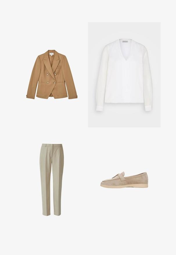 Dubbelknopige beige blazer met gestructureerde revers, twee voorzakken en goudkleurige knopen, gemaakt van een gestructureerde stof.; Witte blouse met lange mouwen en een V-hals, met een soepele textuur en subtiele voornaaddetails, ontworpen voor een relaxte pasvorm.; Beige op maat gemaakte broeken met een rechte pasvorm. Heeft een vlakke voorkant, klassieke tailleband en een subtiele textuur. Geen zichtbare zakken of versieringen.; ESTRO Z NATURALNEGO ESTRO - Mocassins - beige