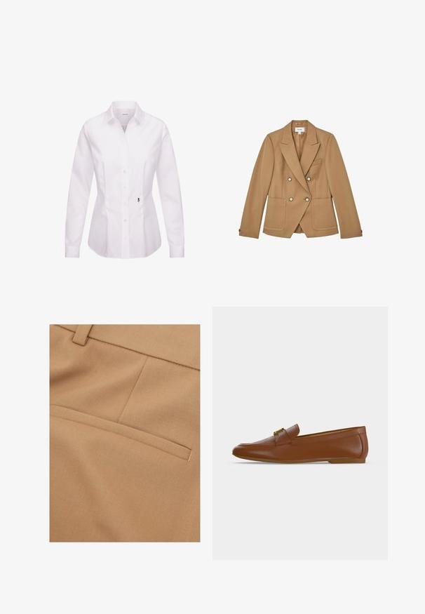 Dobbeltradet tan blazer med strukturerede revers, to forlommer og guldfarvede knapper, lavet af et tekstureret stof.; Hvid langærmet skjorte med knapper, klassisk krave, frontplade, sidesømme og en sort broderet rosedetalje nær kanten.; Nærbillede af beige stof med en vandret paspoleret lomme og syede sømdetaljer på skræddersyet tøj.; Brun læderloafer med gyldent spænde og lav flad hæl, vist i sideprofil på en ensfarvet lys baggrund.
