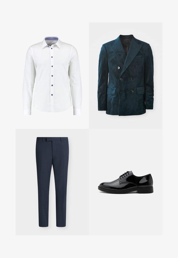 Blazer double boutonnage en vert profond, fabriqué en velours doux. Il présente un col en pointe, deux poches avant et six boutons sur le devant.; Chemise blanche à manches longues avec un col à boutons, dotée de boutons d'accent bleus et d'un motif à carreaux bleus à l'intérieur du col.; Pantalon habillé pour hommes bleu marine sur mesure avec passants de ceinture et fermeture éclair à l’avant, présenté sur un fond uni.; Chaussure habillée en cuir noir brillant à lacets, bout arrondi et talon bas, vue de côté sur fond blanc.