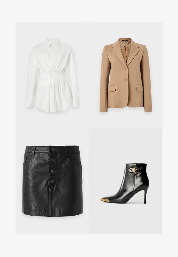 Beige damesblazer met getailleerd model, voorzien van reverskraag met inkepingen, twee knopen aan de voorkant, klepzakken en een borstzak met bies, getoond tegen een effen achtergrond.; Witte overhemd met lange mouwen, een getailleerde taille detail en een glanzende riemaccent. Gemaakt van glad, lichtgewicht materiaal.; Zwarte leren rok met een hoge tailleband, knoopsluiting aan de voorkant, twee zijzakken en een licht A-lijnvorm. Gestructureerde afwerking.; Zwarte enkellaars van glanzend leer met een spits toelopende neus, naaldhak en goudkleurige sierhardware met een decoratieve gespdetail.