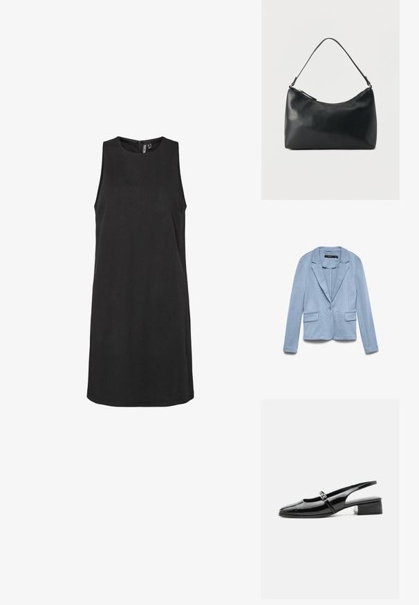 Hellblauer maßgeschneiderter Blazer mit Reverskragen, Ein-Knopf-Verschluss, langen Ärmeln und zwei vorderen Klappentaschen.; Ärmelloses schwarzes Kleid mit rundem Ausschnitt und unsichtbarem Reißverschluss auf der Rückseite. Hergestellt aus glattem Stoff, hat es eine gerade Silhouette.; Schwarzer Slingback-Schuh aus Lackleder mit niedrigem Blockabsatz und dünnem Riemen mit silberner Schnalle oben.; Schwarze Schultertasche aus strukturiertem Leder mit gewölbtem Reißverschluss oben und einem verstellbaren Riemen vor einfarbigem Hintergrund.