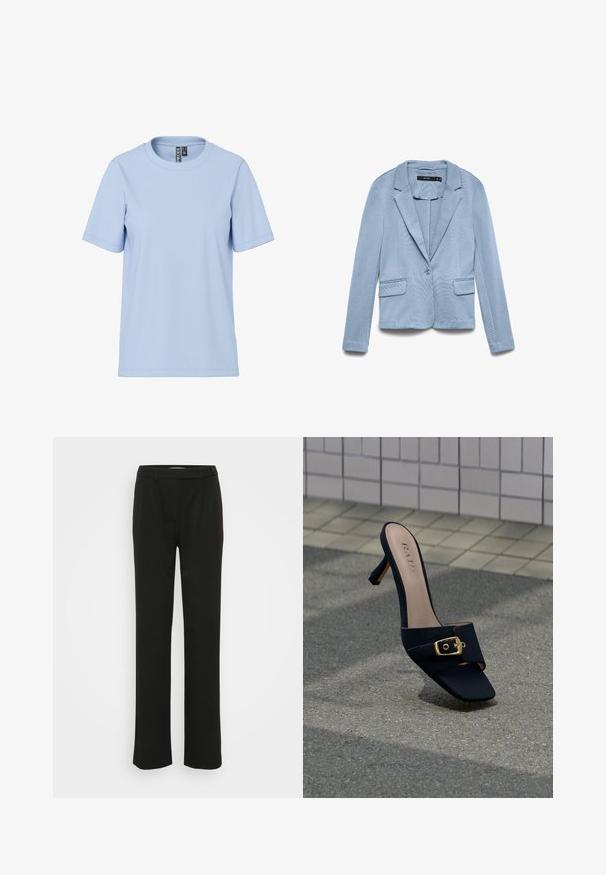 Blazer azul claro a medida con cuello con solapas, cierre de un botón, mangas largas y dos bolsillos frontales con solapa.; Camiseta de manga corta de color azul claro hecha de tela suave, con un cuello redondo clásico y sin patrones ni elementos visibles.; Pantalones negros ajustados con una textura suave, diseño de pierna recta y cierre de botón frontal. Presenta pliegues y bolsillos laterales.; Mule negro de tacón alto con detalle de hebilla dorada, de la marca "RAID", colocado sobre una superficie texturizada de asfalto cerca de un pavimento con baldosas.