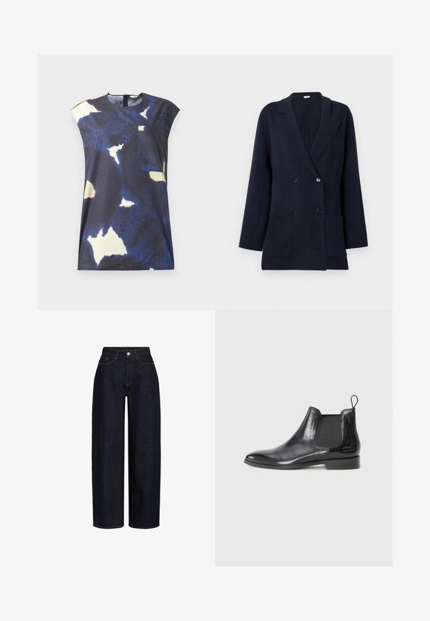 Marineblauer zweireihiger Blazer mit breiten Revers, langen Ärmeln, Vordertaschen und schwarzen Knöpfen auf weißem Hintergrund.; Marineblaues Oberteil mit abstrakten hellgelben und weißen Mustern. Verfügt über einen runden Ausschnitt und eine kleine aufgesetzte Tasche auf der Vorderseite.; Dunkle Denim-Hosen mit weitem Bein und hoher Taille, ausgestattet mit vorderen Taschen, einem Reißverschluss und kontrastierenden Nähten. Glatte Textur.; Schwarze Leder-Chelsea-Stiefel mit elastischen Seitenteilen, glatter Oberfläche, runder Zehenpartie und einer Schlaufe an der Ferse. Mit dezentem Branding.
