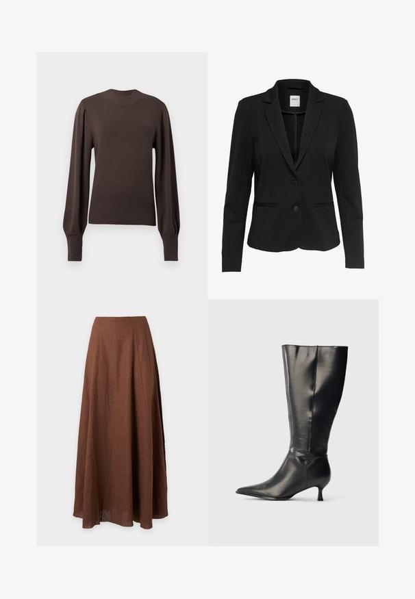 Blazer noir ajusté en tissu lisse, avec un revers cranté, deux poches avant et deux boutonnières.; Pull en maille marron avec un col montant, de longues manches bouffantes et des poignets côtelés. Texture lisse avec une silhouette ajustée.; Jupe longue marron taille haute en ligne A, avec une texture lisse et un drapé subtil, présentée sur un fond clair uni.; Botte en cuir noire montant jusqu'au genou, avec un bout pointu et un petit talon bas, présentée sur un fond clair uni.