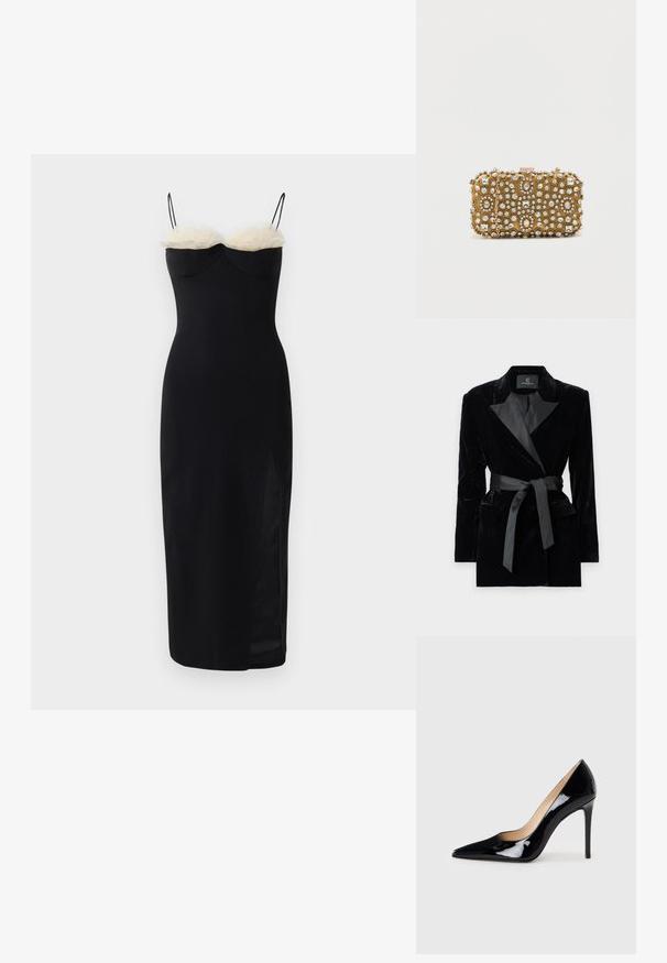 Sort fløjlsblazer med satin sjalkrave, lange ærmer, frontlommer og en bundet bælte i taljen. Glat tekstur og skræddersyet design.; Sort bodycon kjole med spaghetti stropper, der har et lag af hvid faux pels ved halsudskæringen og en sideslids. Glat, strækbart stof.; Sorte lakerede højhælede sko med en spids tå-design og en strømlinet silhuet. Har en glat, skinnende finish og en slank stiletto-hæl.; Guldsynk med intrikate perle- og rhinestenforgyldelser. Firkantet form, lås med lukning og en aftagelig kædetræk.