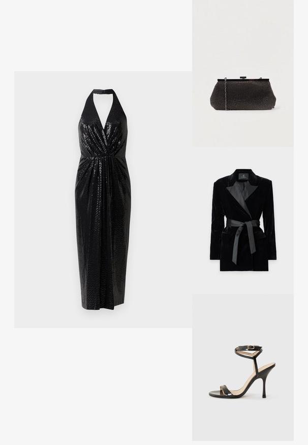 Sort fløjlsblazer med satin sjalkrave, lange ærmer, frontlommer og en bundet bælte i taljen. Glat tekstur og skræddersyet design.; Sorte halterneck-kjole lavet af perlebesat stof, med en dyb V-udskæring, samlet talje og en tætsiddende silhuet, der falder til midt på læggen.; Sorte patentlæder højhælede sandaler med tynd ankelrem og spænde, åben tå og slank stiletto hæl på hvid baggrund.; Sort mesh clutch-taske med en struktureret silhuet, prydet med små metalstuds, har en låsemekanisme og en aftagelig kæderekke.