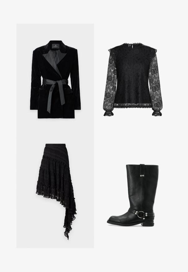 Sort fløjlsblazer med satin sjalkrave, lange ærmer, frontlommer og en bundet bælte i taljen. Glat tekstur og skræddersyet design.; Sort blonde top med lange transparente ærmer, blomsterprint, bølget udskæring og indsnørede manchetter. Blusen er foret for at sikre dækning.; Sort asymmetrisk nederdel med teksturerede plisseringer, lagdelte flæser og en smocket talje. Letvægtsstof med en gennemsigtig finish.; Sorte læder støvler til knæene med en bred pasform, en rem med en cirkulær metalaccent og en lav hæl med en struktureret sål.