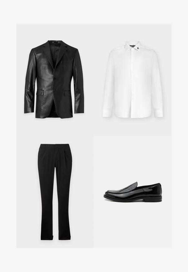 Blazer de cuero negro con solapas, dos botones delanteros y tres bolsillos con solapa, mostrado contra un fondo claro y liso.; Camisa blanca de manga larga con botones y cuello puntiagudo, logo negro en la punta derecha del cuello, presentada sobre un fondo claro y liso.; Pantalones negros de tela suave con cinturilla elástica, perneras rectas, pliegues frontales y dobladillos vueltos. Diseño sencillo y versátil.; Zapato de vestir negro de piel brillante tipo slip-on con tacón bajo y punta redondeada, visto de lado sobre un fondo blanco liso.