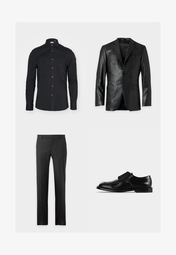Schwarzer Lederblazer mit Revers, zwei vorderen Knöpfen und drei Pattentaschen, vor einfachem hellem Hintergrund gezeigt.; Schwarze Langarm-Button-Up-Bluse mit klassischem Kragen. Hergestellt aus glattem Stoff, verfügt über Vorderknöpfe und abgerundete Manschetten.; Schwarze gerade geschnittene formelle Hose mit Gürtelschlaufen und Seitentaschen vor einfarbigem Hintergrund.; Schwarzer Herrenschuh aus Leder mit Schnürung, glatter Oberfläche und niedrigem Absatz, seitlich auf hellem, einfarbigem Hintergrund dargestellt.