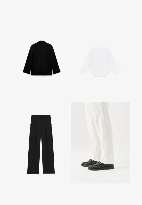 Sort jakke med en glat, mat tekstur. Har en spids krave, lange ærmer og en lige snit med et rent bagsidedesign. Ingen synlige lukninger.; Hvid skjorte med lange ærmer, knapper, spids krave og to forlommer med klapper og knapper, lagt fladt på en hvid baggrund.; Sorte, højtaljede bukser med vide ben, bæltestropper og frontplisseringer, vist på en hvid baggrund.; Person iført hvide skræddersyede bukser og sorte læder loafers stående på hvid baggrund.