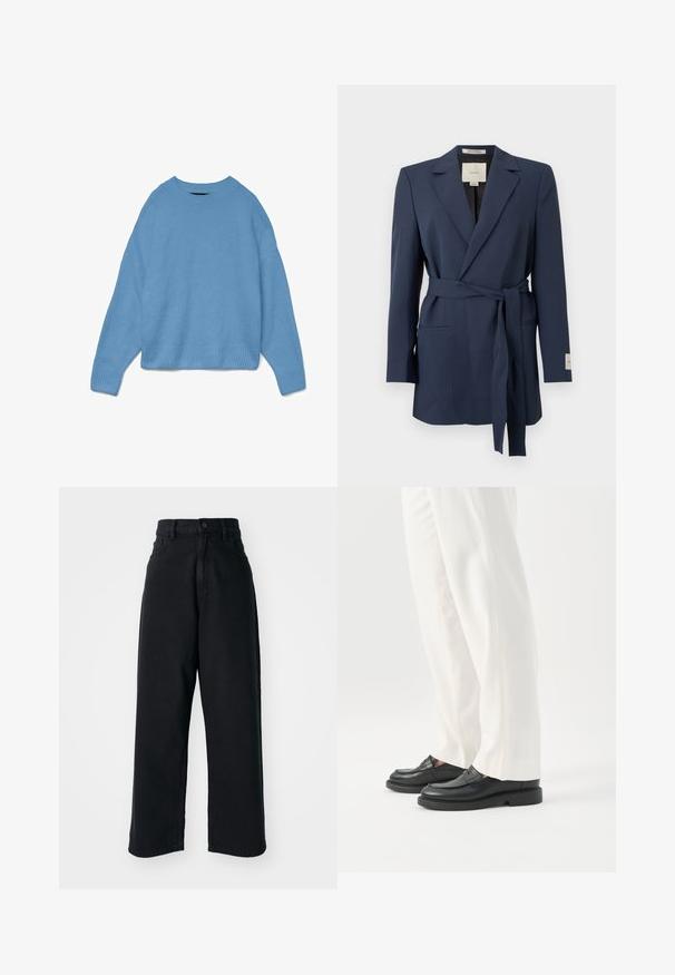 Marineblå blazer med bælte, med notch-revers, lange ærmer og forlommer med paspoler, vist mod en hvid baggrund.; Lyseblå strikket sweater med rund halsudskæring, drop shoulder design og ribstrikkede manchetter og søm. Blød tekstur, afslappet pasform.; Sorte højtaljede vid ben jeans med frontlommer og knaplukning, præsenteret mod en plain hvid baggrund.; Person iført hvide skræddersyede bukser og sorte læder loafers stående på hvid baggrund.