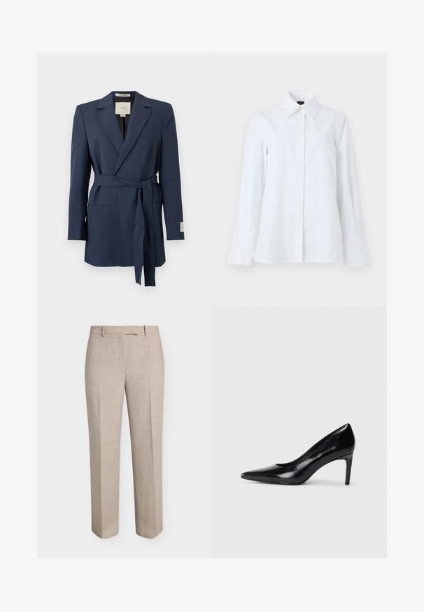 Blazer bleu marine avec ceinture, cols crantés, manches longues et poches passepoilées sur le devant, présenté sur un fond blanc.; Chemise blanche à manches longues avec col pointu, fermeture boutonnée à l'avant et ourlet droit. Fabriquée en tissu lisse sans motifs ni accents.; Pantalon beige droit sur mesure avec passants de ceinture, fermeture éclair devant et pli marqué sur fond blanc.; Chaussure à talon haut en cuir noir avec un bout pointu, texture lisse et un talon effilé. Design minimaliste, sans embellissements supplémentaires.