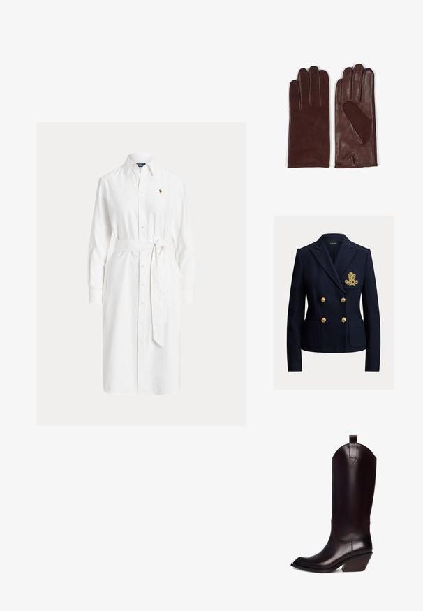 Navyblå dobbeltradet blazer med guldknapper, to forlommer og et gyldent broderet monogram på brystlommen.; Hvid skjortekjole med lange ærmer, krave, bælte i taljen og lille broderet logo på venstre bryst.; Brune læder cowboystøvle med spidse tæer, høj skaft og skråt træhæl. Har en løkke for nem påtagning.; Brune læderhandsker med en glat overflade, fem-finger design og et udskæringsdetalje på manchetten. Blød tekstur med diskret branding.