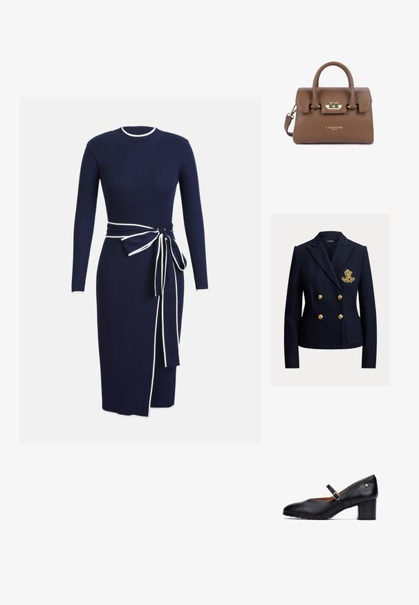 Blazer bleu marine croisé avec des boutons dorés, deux poches avant et un monogramme brodé en or sur la poche poitrine.; Robe en tricot côtelé bleu marine avec des manches longues, un col rond et des finitions blanches. Dotée d'une ceinture nouée à la taille et d'une fente sur le côté pour le détail.; Chaussure Mary Jane en cuir noir avec un bout rond, une sangle de cheville avec une boucle ronde et un talon en bois de hauteur moyenne. Accents texturés sur le talon.; Sac à main en cuir marron avec une finition texturée, quincaillerie dorée, anse supérieure et bandoulière amovible. Dispose d'une fermeture à crochet et d'un logo.