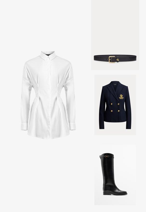 Blazer bleu marine croisé avec des boutons dorés, deux poches avant et un monogramme brodé en or sur la poche poitrine.; Chemise blanche à manches longues en tissu lisse, avec une fermeture à boutons à l'avant, un col pointu et des détails froncés sur les côtés pour un effet épuré.; Botte haute en cuir noir avec un petit talon et un détail de boucle dorée près du haut, montrée de profil sur fond blanc.; Ceinture en cuir noir avec boucle carrée dorée et logo RLL doré sur le passant, présentée sur un fond clair uni.