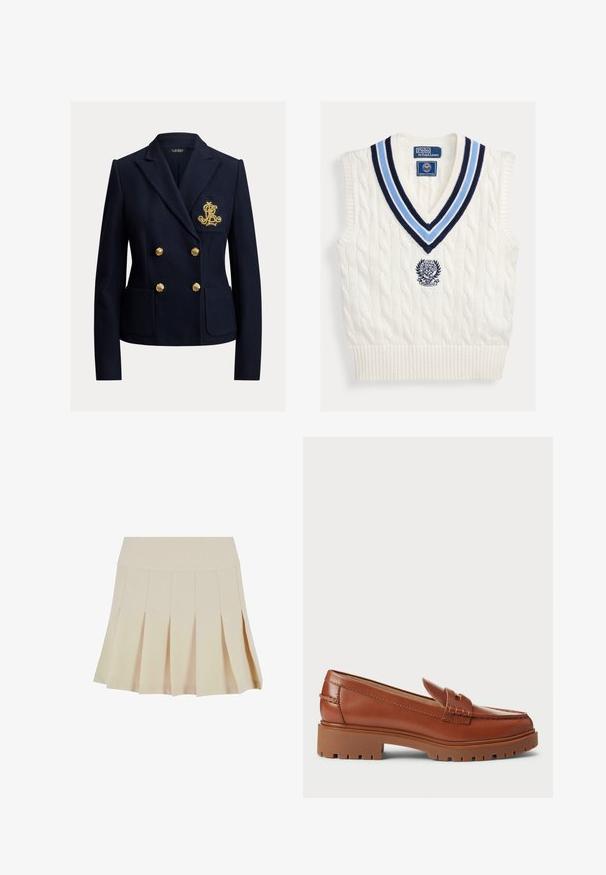 Blazer bleu marine croisé avec des boutons dorés, deux poches avant et un monogramme brodé en or sur la poche poitrine.; Gilet sans manches en maille torsadée blanche avec col en V rayé bleu et logo Polo Ralph Lauren Wimbledon sur la poitrine.; Jupe plissée beige avec une taille cintrée, fabriquée dans un tissu lisse. Présente plusieurs plis verticaux et un ourlet droit.; Mocassins en cuir marron avec un design à bout mocassins, coutures visibles et une semelle en caoutchouc épaisse et texturée. Accent en métal doré.