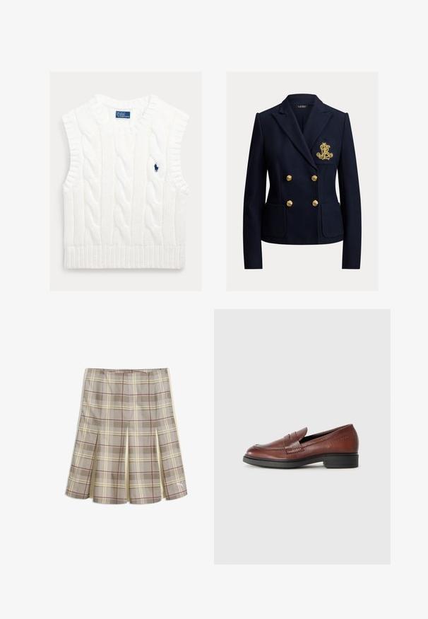 Marineblauwe dubbelgeknoopte blazer met gouden knopen, twee voorzakken en een goud geborduurd monogram op het borstzakje.; Witte mouwloze kabelgebreide trui met geribde zoom. Voorzien van een klein, geborduurd blauw logo op de borst. Gestructureerde, zachte stof.; Beige en crèmekleurige geruite rok met rode lijnen, geplooide details en een klein wit Puma-logo vlak bij de zoom aan de rechterkant.; Bruine leren instappers met een gestikte schortdetail, ronde neus en een lage zwarte rubberen zool. Merkaanduiding is op de zijkant gedrukt.