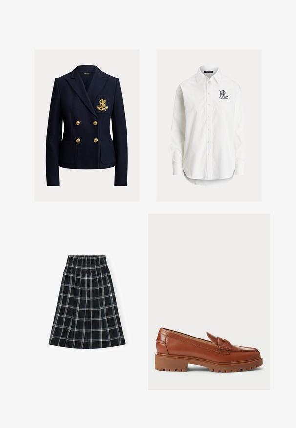Blazer bleu marine croisé avec des boutons dorés, deux poches avant et un monogramme brodé en or sur la poche poitrine.; Chemise blanche à manches longues boutonnée avec col pointu et logo noir brodé sur la poitrine gauche.; Jupe à carreaux noir et blanc avec un waistband smocké, longueur genou, présentant un design évasé et une texture de tissu douce.; Mocassins en cuir marron avec un design à bout mocassins, coutures visibles et une semelle en caoutchouc épaisse et texturée. Accent en métal doré.