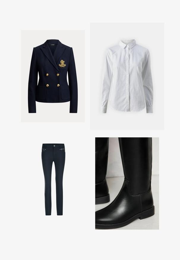 Marineblauwe dubbelgeknoopte blazer met gouden knopen, twee voorzakken en een goud geborduurd monogram op het borstzakje.; Witte overhemd met knopen van glad katoen, met een klassieke kraag, lange mouwen en een afgeronde zoom. De knopen zijn klein en wit.; Slim-fit zwarte broek met riemlussen, een knoop aan de voorkant en ritszakken aan beide zijkanten.; Zwarte leren kniehoog boots met een gladde textuur, ronde neus, minimale stitching en een lage blokhak. Heeft een stijlvolle, strakke pasvorm.