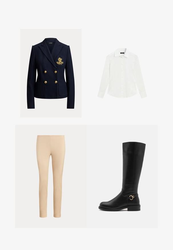 Navyblå dobbeltradet blazer med guldknapper, to forlommer og et gyldent broderet monogram på brystlommen.; Hvid langærmet skjorte med krave og manchetter, vist fladt på en hvid baggrund.; Beige slim-fit ankellange bukser med en glat finish og uden synlige lommer eller pynt på en ensfarvet baggrund.; Anna Field Wide Fit by Zalando Høje støvler/ Støvler - black