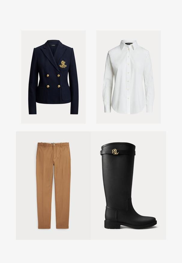 Navyblå dobbeltradet blazer med guldknapper, to forlommer og et gyldent broderet monogram på brystlommen.; Hvid skjorte med lange ærmer, knapper foran, spids krave og let buet kant.; Brune bomuldsbukser med slim-fit design, flad front og standard lommer; glat tekstur og opkradset afslutninger.; Sort knæhøj gummistøvle med lav hæl og en guldfarvet RLL-logo spænde nær toppen på en ensartet lys baggrund.
