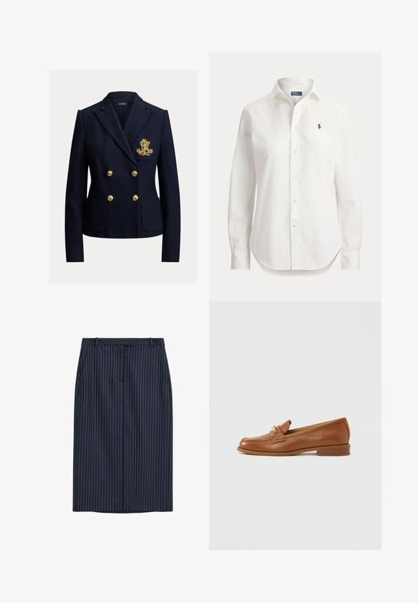 Navyblå dobbeltradet blazer med guldknapper, to forlommer og et gyldent broderet monogram på brystlommen.; Hvid langærmet skjorte med knapper, krave og lille blåt logo af en polospiller på venstre bryst.; Marineblå striberet blyantskirt med lige snit, frontlommer, taljebånd og en glat tekstur. Ingen synlige lukninger eller spænder.; Brun læderloafer med rundet tå, dekorativ strop og lille hæl. Glat tekstur, subtile syningsdetaljer og guldfarvede metalbeslag.