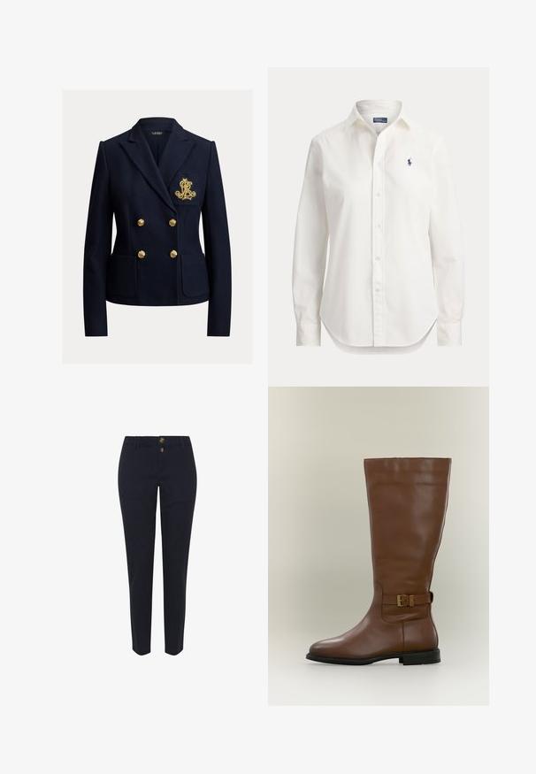 Blazer azul marino de doble botonadura con botones dorados, dos bolsillos delanteros y un monograma bordado en dorado en el bolsillo del pecho.; Camisa blanca de manga larga con botones, cuello y pequeño logo azul de jugador de polo en el pecho izquierdo.; Pantalones de algodón azul marino con un diseño de pierna recta, que cuentan con dos botones de tono dorado y presillas para el cinturón estándar. Textura suave, sin patrones.; Bota alta de cuero marrón con una correa lateral con hebilla y suela negra baja, fotografiada sobre un fondo neutro.