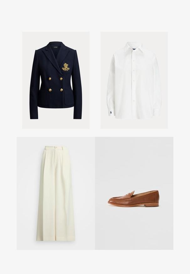 Navyblå dobbeltradet blazer med guldknapper, to forlommer og et gyldent broderet monogram på brystlommen.; Hvid langærmet skjorte med knapper og spids krave samt mørkeblå broderet logo på venstre manchet.; Bredde benbukser i off-white stof, med høj talje, dobbelte plisseringer og knaplukning. Glat tekstur og skræddersyet design.; Lauren Ralph Lauren WYNNIE - Loafers - deep saddle tan