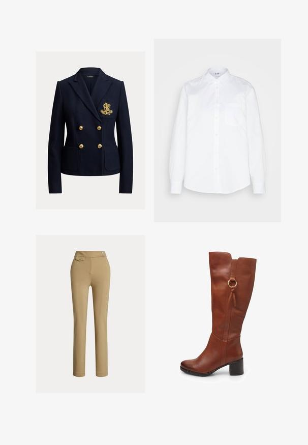 Navyblå dobbeltradet blazer med guldknapper, to forlommer og et gyldent broderet monogram på brystlommen.; GAP CLASSIC SHIRT - Skjortebluser - optic white; Beige slim-fit kvindebukser med høj talje, to knapper i siden og en lille lomme med knap nær taljebåndet.; Brun læder knæhøj støvle med rundet tå, chunky hæl, sides lynlås og dekorativ ringdetalje nær toppen. Glat tekstur.