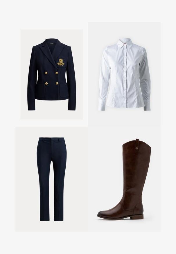 Blazer bleu marine croisé avec des boutons dorés, deux poches avant et un monogramme brodé en or sur la poche poitrine.; Chemise blanche à manches longues, col pointu, design ajusté, en tissu de coton lisse et fermeture à boutons sur le devant.; Pantalon droit bleu marine foncé sur mesure avec passants de ceinture et fermeture éclair devant, sur fond blanc.; Bottes marron jusqu'aux genoux en cuir lisse, avec un bout arrondi, un petit talon empilé et un subtil motif de couture sur les côtés.