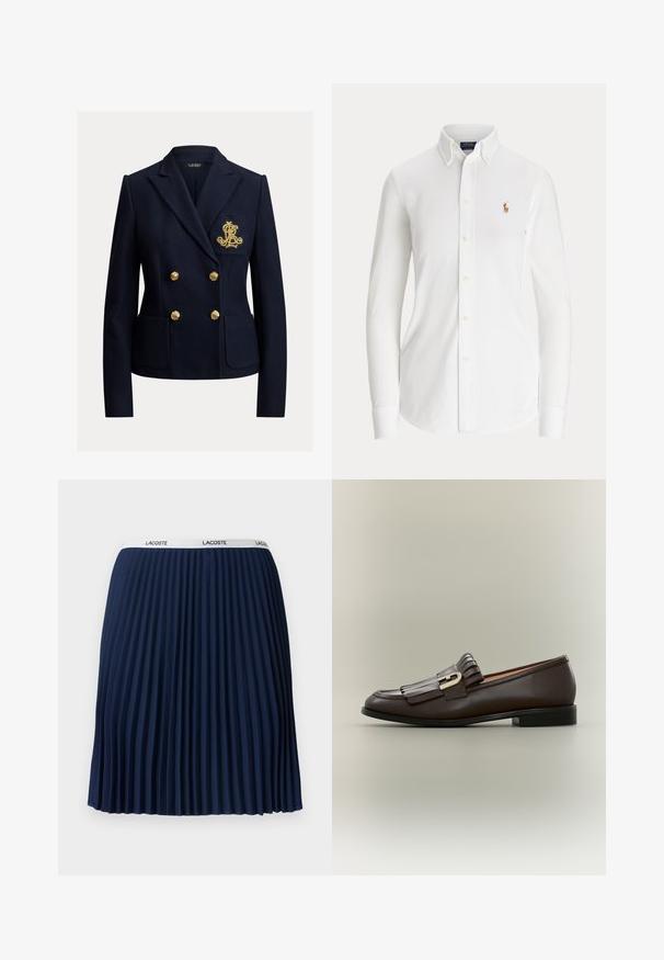 Blazer bleu marine croisé avec des boutons dorés, deux poches avant et un monogramme brodé en or sur la poche poitrine.; Chemise blanche à manches longues avec boutons, col boutonné et petit logo brodé joueur de polo sur la poitrine.; Jupe plissée navy avec un design texturé, taille élastique ornée du logo "LACOSTE" et tissu lisse.; Mocassin en cuir marron foncé avec détail à franges et boucle dorée sur fond neutre, vue latérale.