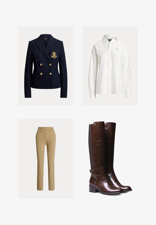 Marineblauwe dubbelgeknoopte blazer met gouden knopen, twee voorzakken en een goud geborduurd monogram op het borstzakje.; Witte blouse met lange mouwen en knopen, kraag en klein geborduurd logo op de linkerborst.; Beige op maat gemaakte broek met een zachte textuur, hoge taille, twee decoratieve knopen en een enkele achterzak. Recht gesneden ontwerp.; Bruine leren laarzen tot de knie met een gladde afwerking, contrasterend stofpaneel, enkelgesp detail en lage blokhak.