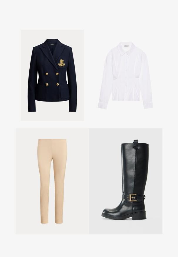 Navyblå dobbeltradet blazer med guldknapper, to forlommer og et gyldent broderet monogram på brystlommen.; Hvid langærmet bluse med klassisk krave, knaplukning foran og samlede side detaljer. Glat stof med en skræddersyet form.; Beige slim-fit ankellange bukser med en glat finish og uden synlige lommer eller pynt på en ensfarvet baggrund.; Sort knælange læderstøvler med lav blokhæl, dekorativ guldspænde rundt om anklen og en træksløjfe øverst.