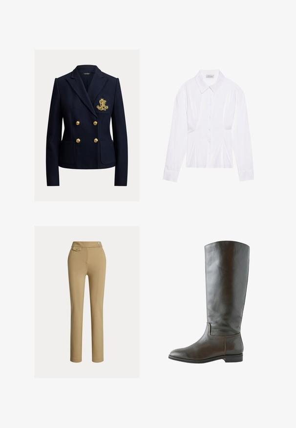 Navyblå dobbeltradet blazer med guldknapper, to forlommer og et gyldent broderet monogram på brystlommen.; Hvid langærmet bluse med klassisk krave, knaplukning foran og samlede side detaljer. Glat stof med en skræddersyet form.; Beige skræddersyede bukser med en glat tekstur, høj talje, to dekorative knapper og en enkelt baglomme. Lige ben-design.; Brun læder knæhøj støvle med en glat overflade, rund tå og minimal syning. Sålen er flad med en lav hæl.