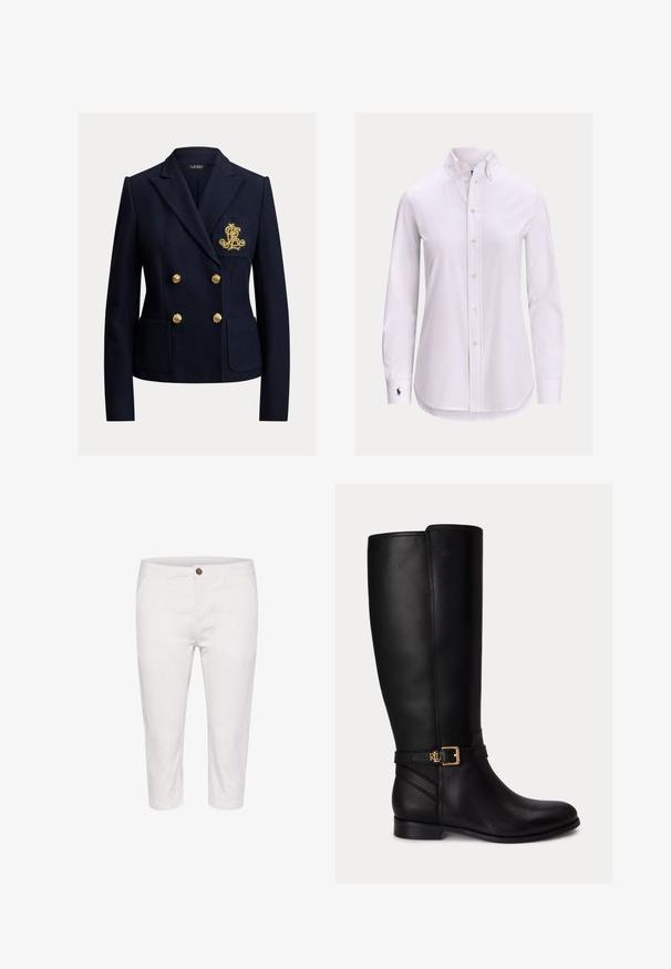 Blazer bleu marine croisé avec des boutons dorés, deux poches avant et un monogramme brodé en or sur la poche poitrine.; Chemise blanche à manches longues avec col boutonné et petit logo brodé sur le poignet gauche.; Pantalons blancs court en coton avec fermeture à bouton, dotés de poches avant et d'une texture lisse. Design simple et coupe droite.; Botte noire en cuir montante jusqu'au genou avec talon bas, boucle dorée et petit logo embossé sur la sangle latérale.