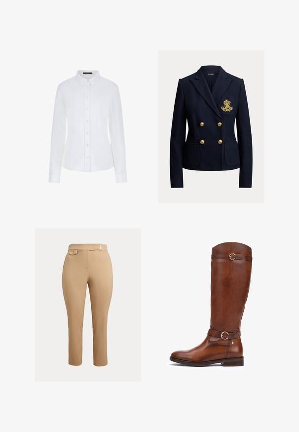 Navyblå dobbeltradet blazer med guldknapper, to forlommer og et gyldent broderet monogram på brystlommen.; Hvid langærmet skjorte med krave, knaplukning foran og manchetter. Fremstillet af glat stof med en tætsiddende pasform og uden synlige mønstre.; Beige slim-fit bukser med høj talje, der har to små dekorative knapper ved taljen og en knappet klaplomme på højre side.; Brune læderstøvler til knæene med en glat finish, en rundt tå, et dekorativt bælte med en cirkulær spænde, og en lav stablet hæl.