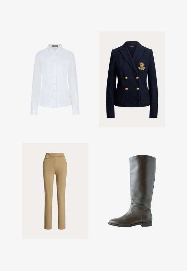 Navyblå dobbeltradet blazer med guldknapper, to forlommer og et gyldent broderet monogram på brystlommen.; Hvid langærmet skjorte med krave, knaplukning foran og manchetter. Fremstillet af glat stof med en tætsiddende pasform og uden synlige mønstre.; Beige slim-fit kvindebukser med høj talje, to knapper i siden og en lille lomme med knap nær taljebåndet.; Høj brun læderstøvle med lav hæl, rundet tå og enkelt syning langs anklen og sålens kanter.