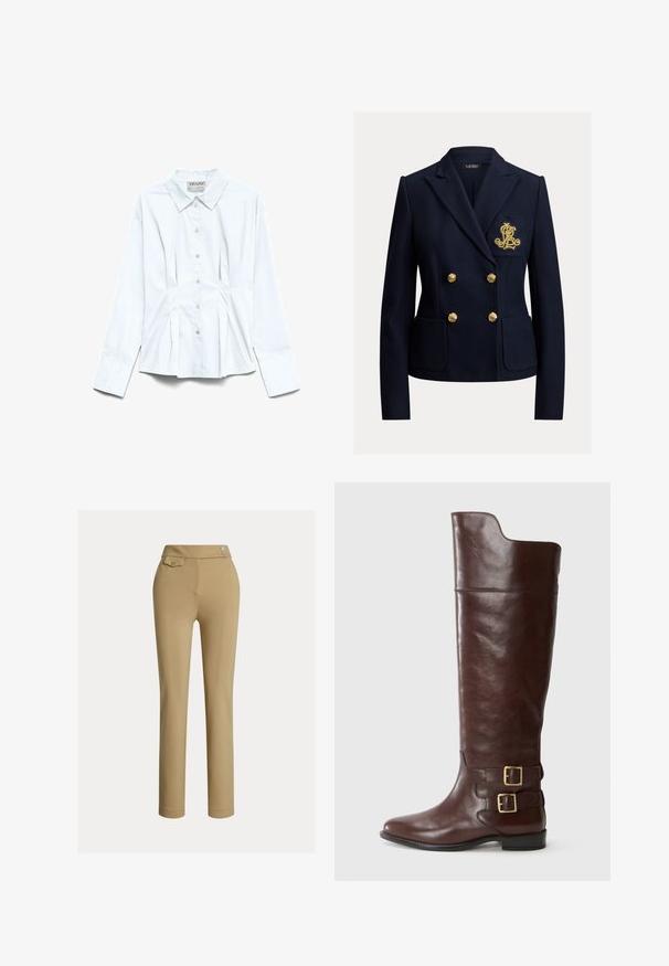 Blazer bleu marine croisé avec des boutons dorés, deux poches avant et un monogramme brodé en or sur la poche poitrine.; Chemise blanche à manches longues avec col pointu et plis subtils à la taille, présentée à plat sur un fond blanc.; Pantalons slim beige pour femmes avec taille haute, deux boutons sur le côté et une petite poche à rabat boutonnée près de la taille.; Botte en cuir marron montante avec un bout arrondi, dotée de deux boucles en métal doré au niveau de la cheville et d'une texture lisse et polie.