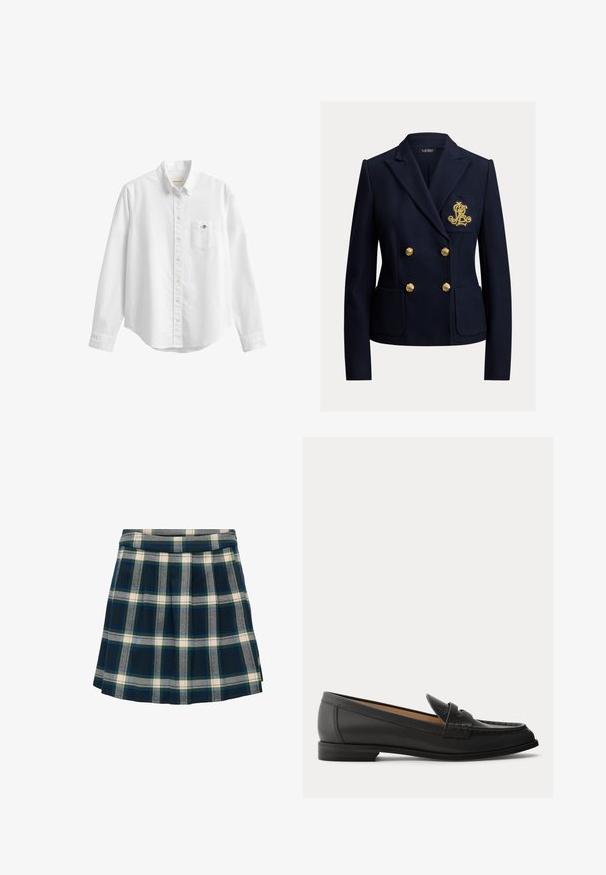 Blazer bleu marine croisé avec des boutons dorés, deux poches avant et un monogramme brodé en or sur la poche poitrine.; Chemise blanche à manches longues boutonnée avec col et poche poitrine avec un petit logo brodé sur fond uni.; Jupe à carreaux dans des tons marine, vert et crème ; design plissé avec une taille lisse, fabriquée dans un tissu qui semble doux et texturé.; Mocassin en cuir noir pour femme avec un petit talon, bout arrondi et détails cousus sur la tige, vu de profil sur un fond uni.