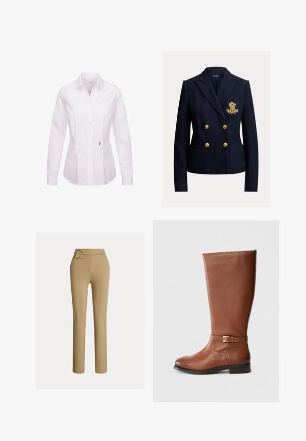 Navyblå dobbeltradet blazer med guldknapper, to forlommer og et gyldent broderet monogram på brystlommen.; Hvid langærmet skjorte med knapper, klassisk krave, frontplade, sidesømme og en sort broderet rosedetalje nær kanten.; Beige skræddersyede bukser med en glat tekstur, høj talje, to dekorative knapper og en enkelt baglomme. Lige ben-design.; Brun læderstøvle til knæet med lige design, flad sål og guldfarvet spænde ved anklen. Glat tekstur, minimal syning.