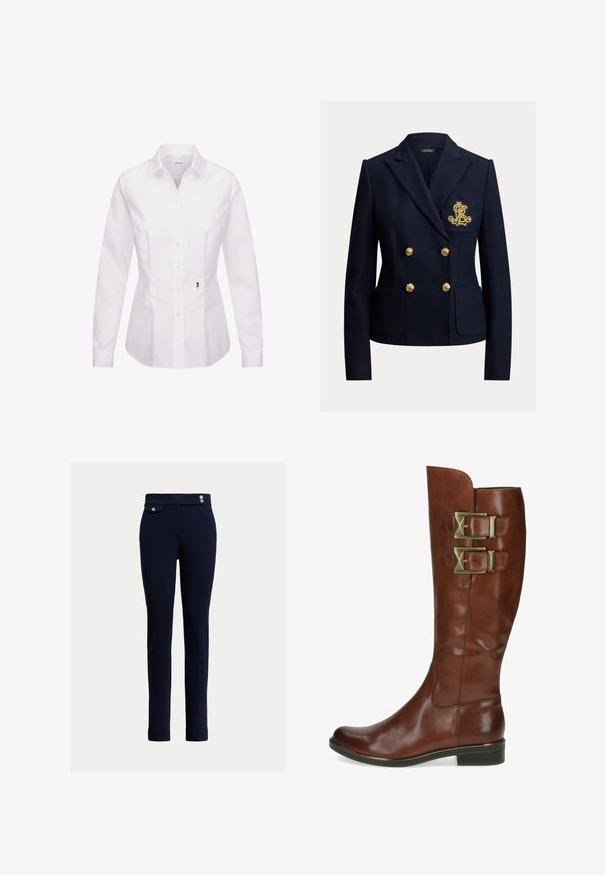 Navyblå dobbeltradet blazer med guldknapper, to forlommer og et gyldent broderet monogram på brystlommen.; Hvid langærmet skjorte med knapper, klassisk krave, frontplade, sidesømme og en sort broderet rosedetalje nær kanten.; Marineblå slim-fit bukser med høj talje, der har dekorative knapper og en lille klaplomme på højre side.; Brune læder knælang støvle med to metalliske spænder, glat tekstur, afrundet tå og en lille blokhælhøj.