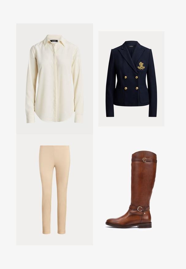 Navyblå dobbeltradet blazer med guldknapper, to forlommer og et gyldent broderet monogram på brystlommen.; Lys cremefarvet langærmet skjorte med spids krave, knaplukning i front og glat tekstur; har en rundet kant og skræddersyet pasform.; Beige slim-fit ankellange bukser med en glat finish og uden synlige lommer eller pynt på en ensfarvet baggrund.; Brune læderstøvler til knæene med en glat finish, en rundt tå, et dekorativt bælte med en cirkulær spænde, og en lav stablet hæl.