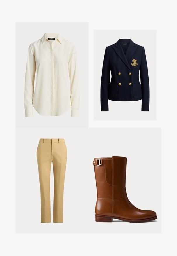 Marineblauwe dubbelgeknoopte blazer met gouden knopen, twee voorzakken en een goud geborduurd monogram op het borstzakje.; Lichtcrème langemouwshirt met een puntige kraag, knoopsluiting aan de voorkant en een gladde textuur; heeft een ronde zoom en een slim fit.; Beige rechte broek met riemlussen, een rits aan de voorkant en op maat gemaakte plooien op een effen lichte achtergrond.; Bruine leren enkellaars met een gladde afwerking, afgeronde neus en decoratieve zijgesp. Voorzien van een lage houten hak en minimale stikdetails.