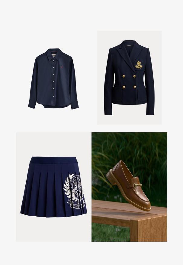 Blazer azul marino de doble botonadura con botones dorados, dos bolsillos delanteros y un monograma bordado en dorado en el bolsillo del pecho.; Camisa azul marino de manga larga con botones, hecha de tela suave. Presenta un cuello puntiagudo, una tapeta de botones y un pequeño logo rojo en el pecho.; Falda plisada azul marino con cinturilla ancha y logotipo blanco con escudo temático de tenis en el lado inferior derecho.; Mocasín de cuero marrón con detalle de hebilla dorada flotando sobre un banco de madera al aire libre con fondo de follaje verde.