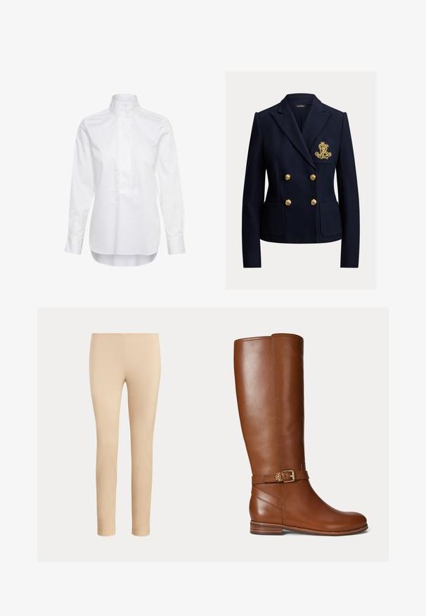 Blazer bleu marine croisé avec des boutons dorés, deux poches avant et un monogramme brodé en or sur la poche poitrine.; Chemise blanche à manches longues avec un col montant et deux boutons, dotée d’une patte de boutonnage à l’avant et d’un ourlet légèrement arrondi.; Pantalon beige slim fit longueur cheville avec une finition lisse, sans poches visibles ni ornements, sur un fond uni.; Botte en cuir marron montant jusqu’au genou avec une petite boucle dorée et le logo "RL" sur la sangle près de la cheville, talon plat et finition lisse.