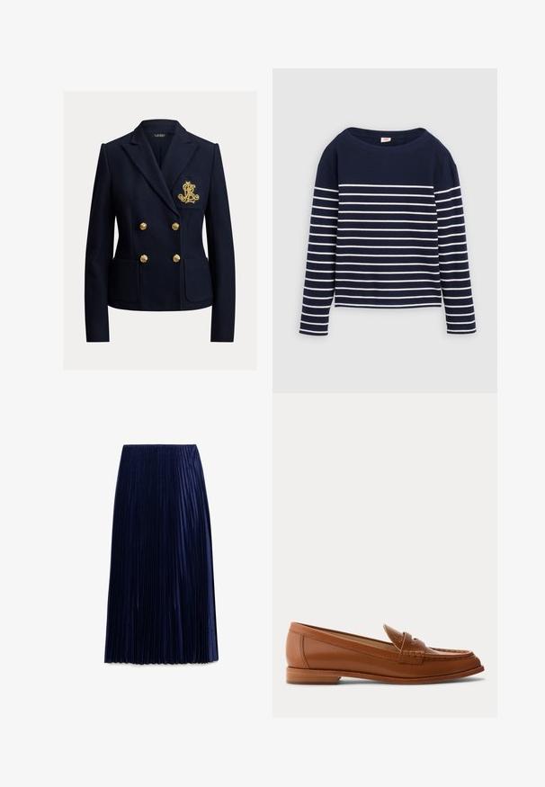 Navyblå dobbeltradet blazer med guldknapper, to forlommer og et gyldent broderet monogram på brystlommen.; Levi's® MARIN STRIPE - Langærmet T-shirt - navy/egret; Mørkeblå plisseret midi-nederdel lavet af letvægtsstof med en glat overflade, der har jævnt fordelt lodrette folder og en elastisk talje.; Brun læderloafer med lavt træsål, klassisk penny-rem og syet detalje langs tå og sider.