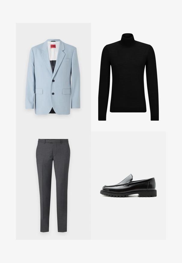 Lys blå blazer, enkeltrækket, to knapper, klippede kraver, forlommer, indvendig med sort foring, glat stofstruktur.; Sort turtleneck sweater lavet af blødt materiale, med lange ærmer og en tætsiddende pasform. Ribbet trim ved kanten og manchetter. Simpelt design.; Grå skræddersyede bukser med en glat tekstur, lige pasform, flad front og bæltesløjfer. Har et subtilt ternet mønster og en kant ned foran.; Sort læderloafer med chunky gummisål, syet overdel og præget mærkenavn på hælen, vist i sideprofil på hvid baggrund.