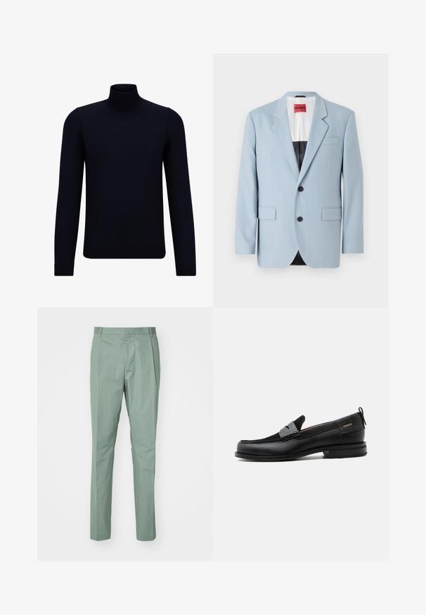 Blazer azul claro, de un solo botón, con dos botones, con solapas de pico, bolsillos frontales, interior con forro negro, textura de tela suave.; Suéter de cuello alto de un oscuro color navy, hecho de un tejido de punto fino, con mangas largas y un escote alto ajustado. Sin patrones ni acentos visibles.; Pantalones verde claro con corte recto, con una parte delantera plana, dos bolsillos laterales y una textura de tela suave. Sin patrones visibles ni herrajes.; Mocasín de cuero negro con detalle de tira gris, tacón bajo y suela texturizada, con la marca "HUGO" en oro en el lateral.